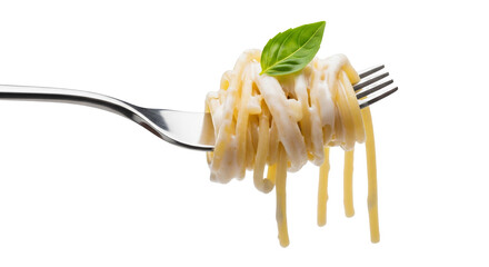 Isolated twirled spaghetti with creamy sauce and basil on a fork, food presentation
