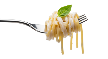 Isolated twirled spaghetti with creamy sauce and basil on a fork, food presentation