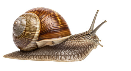 Isolated Garden Snail with Shell against a Clear Backdrop, Close-Up Image of Mollusk Creature