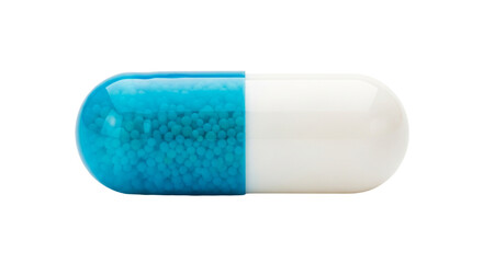 Isolated capsule containing medicine granules, blue and white pill used for health treatment