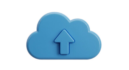 Isolated illustration of a blue cloud with an upward arrow depicting upload functionality