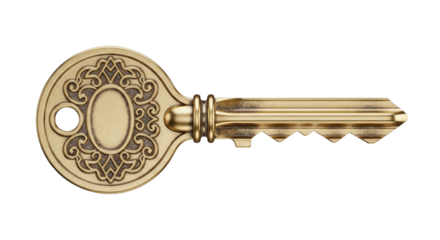 Isolated antique ornate gold key, symbol of success or opportunity, security concept