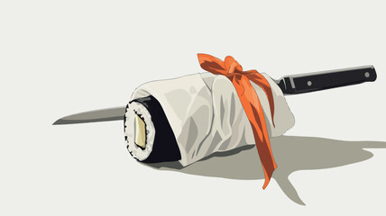 A stylized vector illustration of a sushi roll wrapped in white paper and tied with an orange ribbon.  A small knife rests next to it. The background is plain white, providing high contrast 