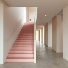 Obraz premium The hallway features minimalist architecture with pink stairs leading to it.