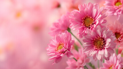 Obraz premium A soft focus image of pink chrysanthemums with yellow centers against a pink blurred background