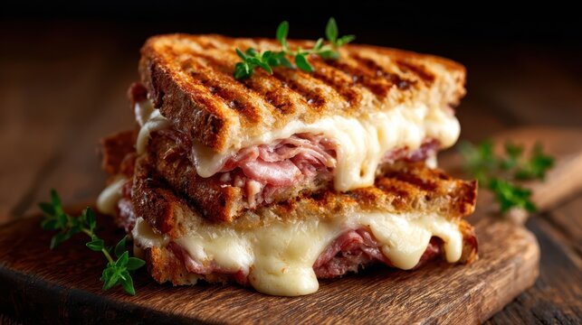 A mouthwatering grilled cheese sandwich, perfectly toasted and oozing with melted cheese, is artfully displayed, embodying comfort food at its finest for culinary enthusiasts.