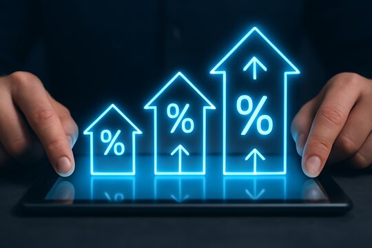 Depicting a robust financial uptrend, a person interacts with a digital tablet showcasing luminous blue arrows with percentage symbols, illustrating successful business development and market growth - Powered by Adobe