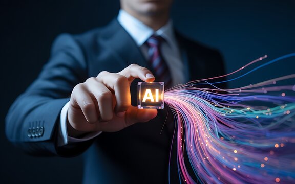 A professional businessman in a suit holds a glowing microchip processor with AI letters, unleashing a vibrant stream of digital data and futuristic fiber optic information