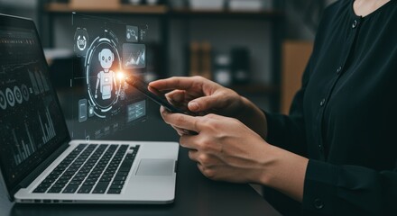 Futuristic integration: Woman accesses AI-powered insights on a mobile device