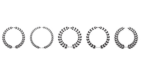 Laurel Wreath Vector Set, Black Silhouette Circular Laurel Foliate Emblem with Greek Floral Branch Flat Style