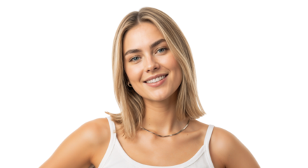 Smiling young woman with blonde hair poses confidently on white background during daylight