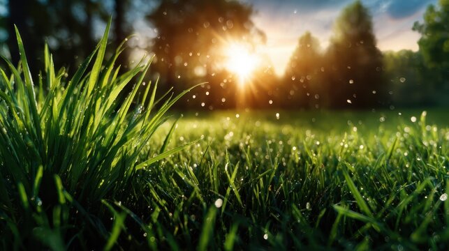 A serene view of dewy grass illuminated by morning sunlight captures the beauty of nature. This image evokes feelings of peace, freshness, and connection to the environment. - Powered by Adobe