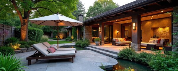 Fototapeta premium Serene Backyard Oasis Lush Landscaping, Mature Trees, and Elegant Patio Perfect for Relaxation and Entertaining