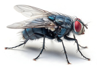 Detailed macro shot of a common bluebottle fly on a white surface closeup view