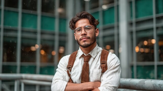 A confident young man stands against a modern architectural backdrop, showcasing his stylish outfit with a relaxed yet assertive posture and engaging expression.