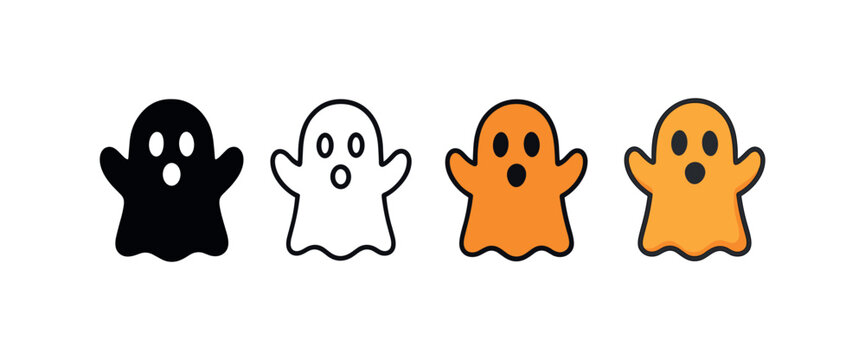 Vector icon holidays halloween ghost same pose same proportions four styles black solid glyph outline minimal flat multicolor filled cartoon flat shaded.