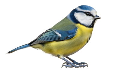 Isolated Eurasian blue tit perches, a colorful songbird with yellow plumage, perched avian