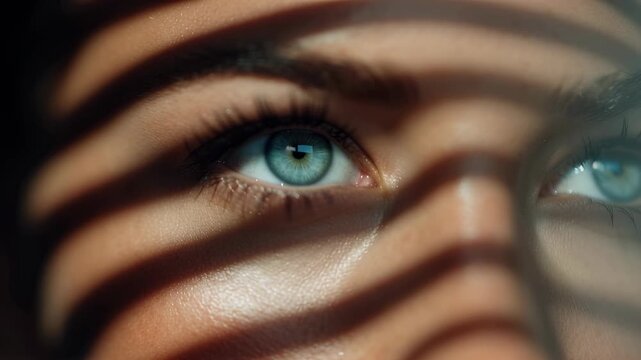 Woman's blue eyes with blinds shadow. Female face with light stripes. Eye care and vision concept footage.