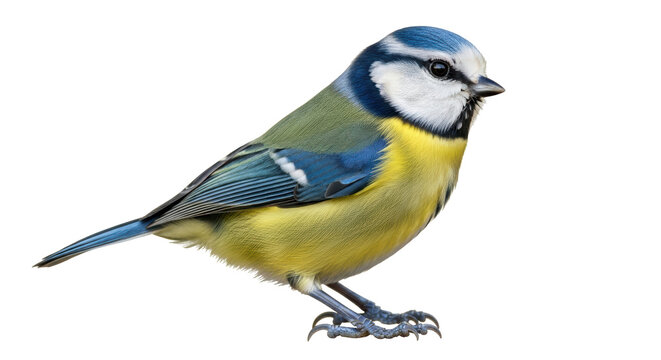 Isolated Eurasian blue tit perches, a colorful songbird with yellow plumage, perched avian