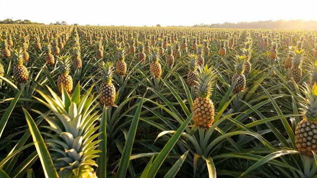 A pineapple field shows rows of ripe fruit with green leafy plants in a sunlit outdoor farm setting