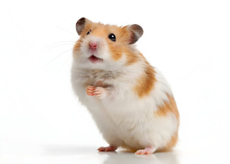 Golden hamster standing on hind legs looking curious against a white backdrop