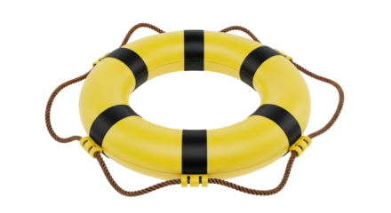 Isolated life buoy ring with rope, safety rescue life-saving yellow object for emergency aid