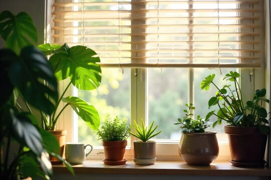 Fototapeta Sunlight-dappled houseplants partially obscured by stylish blinds, creating a soft, diffused light Perfect for home decor, interior design, and plant lover themes , lush, relaxing