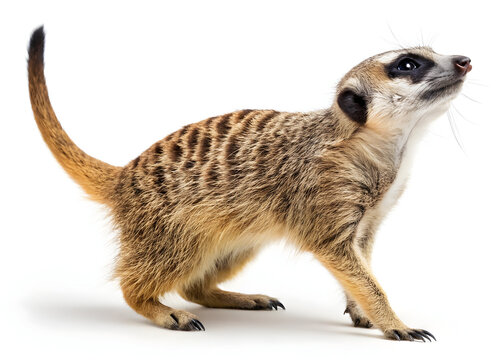Alert meerkat standing upright on a white background looking curiously upward