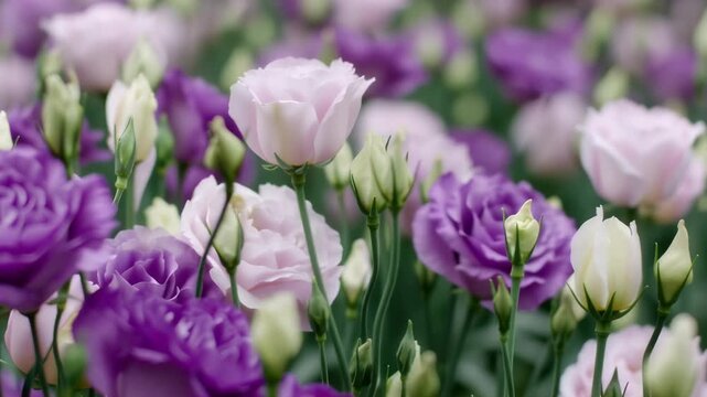 Blooming eustoma flowers in purple and pink swaying in the wind, a serene garden natural beauty footage.