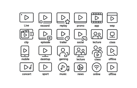 vector outline icons Video Stream (Types) videostream live videostream recorded videostream replay videostream highlight videostream movie videostream series videostream clip videostream.