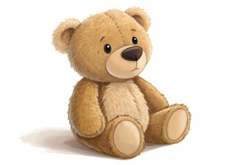 Fototapeta premium Cute brown teddy bear sitting on a white background looking to the side