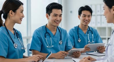 Medical professionals collaborating on patient care using digital technology