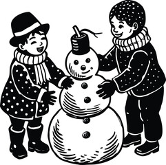 A cute cartoon hedgehog and a rooster on a farm with a white backgroundHappy cartoon girl with a dog building a funny snowman together during the winter holiday season