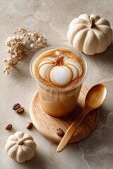 A pumpkin latte arrangement in a plastic cup with a pumpkin design on the foam, coffee beans, and miniature pumpkins
