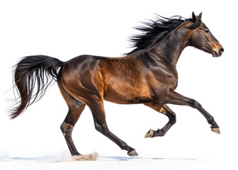 Obraz premium Majestic brown horse galloping powerfully across a white background in full stride