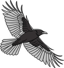 A stylized black and white vector illustration of a wild heron flying with its wings spread