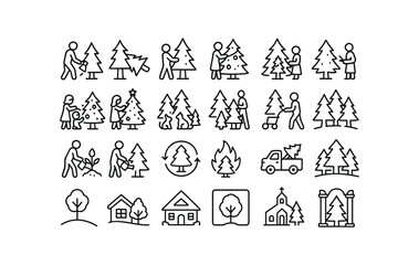 Fototapeta premium vector outline icons Trees (Scenes) tree cutting tree carrying tree decorating tree lighting tree trimming tree admiring kids decorating family decorating pets near tree tree shopping tree.