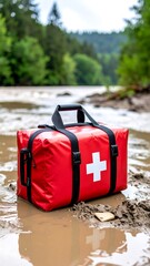 Red first-aid bag by a river