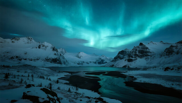 Winter starry sky aurora snow mountain river