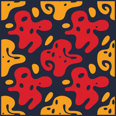 Abstract Seamless Pattern with Red and Yellow Organic Fluid Shapes on Dark Background, vector illustration