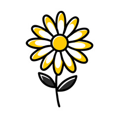 Stylized yellow flower with a dark center and dark leaves on a stark black background