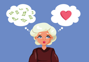Woman Deciding between Love and Money Vector Cartoon. Lady has to decide between marrying for money or for love 
