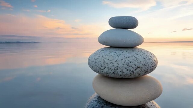 A stack of smooth stones balanced on calm water at sunset, forming a tranquil cairn.