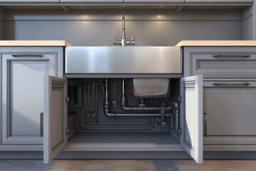 Obraz premium Modern kitchen sink with open cabinets displaying plumbing and fixtures in a sleek design