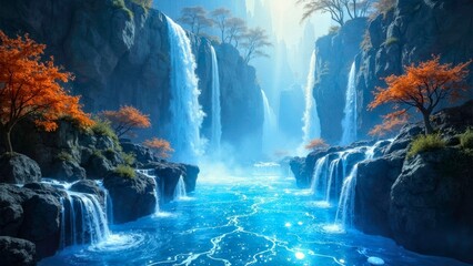 Outdoor fantasy blue waterfall landscape