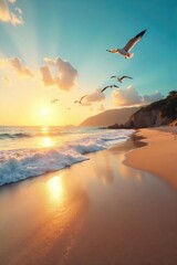 Naklejka premium Sun-kissed sand, gentle waves lapping the shore, seagulls soaring overhead A perfect postcard image of a tranquil coastal beach scene at golden hour , sunrise, ocean