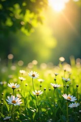 Obraz premium Sunlit Wildflowers Idyllic Field of Delicate Blooms, Peaceful Serenity, Joyful Spring Scene