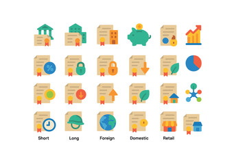 colorful flat vector icons Bond (Types) bond treasury bond municipal bond corporate bond government bond savings bond convertible bond fixed bond floating bond secured bond unsecured bond.