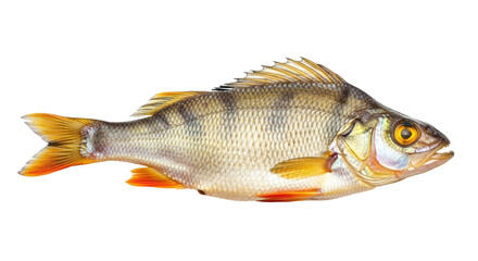 Isolated colorful perch, a freshwater fish, swimming with its fins out, side view