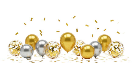 Isolated gold and silver helium balloons floating with confetti for special celebration © Emil